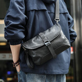 玛西奴2024新款斜挎包男士手拿包真皮单肩包通勤简约男包头层牛皮挂包潮 黑色