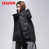 鸭鸭品牌正品派克羽绒服女士2025冬季新款户外工装连帽加厚保暖外套男 黑色 M (170)