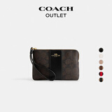 蔻驰（COACH）【礼物】奥莱女士女包经典标志老花条纹图案角拉链腕包卡包 IM/胡桃木色/黑色