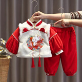 女童冬装加绒儿童中国风唐装喜庆周岁宝宝礼服抓周宴汉服套装冬季 红色 加绒夹薄棉 90 体重25斤以内