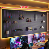 木格格电竞房洞洞板黑色墙上置物架书房上方电脑桌墙面挂板收纳铁艺装饰 【黑色 】120*200cm送金属挂钩10个