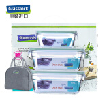 Glasslock 进口耐热钢化玻璃保鲜盒便当饭盒可微波加厚耐摔硅胶圈颜色随机 微烤3件套485ml+950ml*2