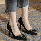 九寸阳光水钻黑色高跟鞋女2025新款春季细跟法式配裙子舒适气质尖头单鞋 黑色 7cm 36