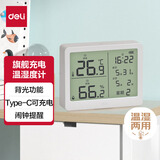 得力（deli）宽屏多功能电子温湿度计 挂立两用带背光闹铃可充电 白色LE504-WH