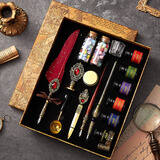 乐卡利 欧伦复古羽毛笔礼盒哈利波特周边钢笔文具套装小学生蘸水笔火漆印章国庆中秋节礼品生日礼物男女 洒金酒红 【新、老版混发，详见详情页】