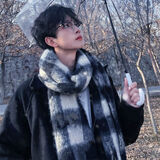 威普驰男士格子法式慵懒风围巾冬季新款保暖加厚马海毛披肩男款围脖 黑米格子【法式慵懒风】【大版型 男女通用款格子围巾