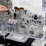 木丁丁 桌面化妆品收纳盒 化妆刷护肤品文具笔筒口红置物整理架箱高颜值 冰川纹化妆品收纳盒【3格+4格】