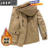 JEEP SPIRIT男士外套纯棉连帽夹克男冬季加绒加厚青年大码保暖冬装中长款外衣 卡其色 XL 125-140斤