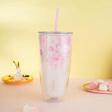 乐扣乐扣（LOCK&LOCK）双层吸管塑料杯樱花夏日畅饮便携水杯750ML粉色（赠吸管刷）