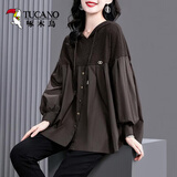 啄木鸟高端拼接连帽T恤女2025年春秋新款大i码宽松小衫时尚洋气长袖上衣 深咖色 XL 115-130斤