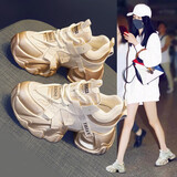 AI真皮老爹鞋女2025春季新款厚底内增高女鞋子运动休闲鞋百搭旅游鞋 金色【单里】 37