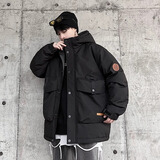 真维斯（Jeanswest）羽绒服男冬季大码男装厚款连帽工装外套加肥加大码潮牌常规款外套 黑色 5XL