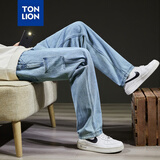 唐狮裤子男冬季新款衣多穿牛仔裤男款宽松直筒工装阔腿潮牌长裤男裤 牛仔蓝 L