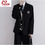 安初夏日系学院风dk制服西服套装宽松痞帅春秋季jk学生班服徽章西服外套 W45黑西服【单件】 XL +徽章【推荐120-140斤】