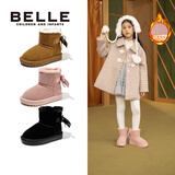 百丽童鞋儿童反毛绒雪地靴女童蝴蝶结棉鞋冬季加绒保暖真皮中大童短靴 驼色 27 参考脚长164mm