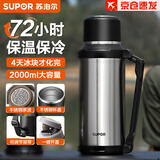 苏泊尔保温壶户外大容量旅行壶家用热水瓶不锈钢焖茶壶车载运动便携水壶 流光银【背带+茶滤】 2L