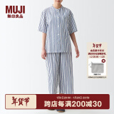 无印良品（MUJI）女式 无侧缝泡泡纱短袖睡衣女士家居服套装夏季纯棉全棉 FDB04C2S 深藏青色条纹 M