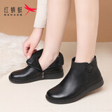 红蜻蜓中老年妈妈靴子女加绒保暖手工靴女牛皮软皮短靴女 WLC435221R