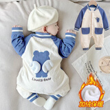 标点熊婴儿加绒连体衣男女宝宝保暖哈衣新生儿爬服婴幼儿童外出服春秋冬 小飞熊蓝-加绒款 66码 建议身高52-66