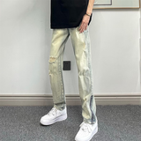 衣然呈品秋冬新款牛仔裤男士美式高街侧开拉链水洗做旧修身潮牌直筒裤子男 黄泥色 M【建议90-100斤】