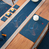 骆易家（LORiCA）桌旗新中式防水禅意棉麻茶几桌布茶台布艺长条茶桌垫布茶席装饰布 蕙质兰心-蓝色（防水款） 【桌长1.7-2.0米】桌旗33*240cm