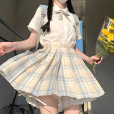 凡小如jk制服套装女夏季百褶裙日系甜美学院风a字高腰半身裙小个子全套 柠檬海盐格裙+刺绣白短衬衫+领结 S 【建议80-95斤】