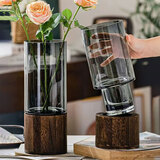心楠简约创意木托玻璃花瓶直筒银柳插干富贵竹水养鲜花客厅桌面花器 光面【烟灰】带木托