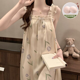 另约带胸垫睡裙女夏季睡衣2026新款冰丝甜美吊带背心中长裙家居服春秋 1356 方领蝴蝶结【可拆卸胸垫】 L