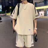 宗狮猴短袖T恤男士休闲套装男韩版潮流宽松潮男五分半袖一套衣服男青少 F41卡其色套装（上衣+裤子） XL【建议125-135斤】