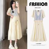 南叮雅格孕妇装夏季新款大码拼接小清新收腰显瘦V领连衣裙中长款孕妇裙 图片色 L