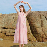 乐町山茶少女连衣裙肌理感挂脖长裙度假风飘带连衣裙 粉色（现货） XS