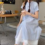 小野七天法式甜美条纹短袖衬衫连衣裙女夏季海边度假风气质宽松显瘦A字裙 衬衫+半身裙 M