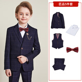 ELPA儿童西服套装男童小西装外套中大童花童礼服男孩格子钢琴演出服装 深蓝格5件套：3件套+衬衫+领结 140 码 身高130-140cm 重61-69斤