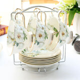 瑞枨骨瓷咖啡杯套装会议室陶瓷水杯轻奢女士子杯套装客厅喝水马克杯子 木棉花6杯6碟6勺带杯架普通装【送同款花篓】 220ml