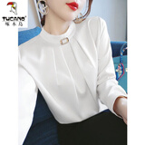 啄木鸟气质职业冰丝白色衬衫女士2025新款洋衬衣长袖上衣套头衬衫圆领 白色 S 建议95斤以下