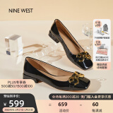 NINE WEST/玖熙低跟单鞋牛漆皮浅口方头金属饰扣工作女鞋NF445006FK 黑色35