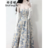 舒芳蝶（shufangdie）蓝色碎花吊带连衣裙套装2025夏季新款女装收腰开衫配海边度假裙子 单件 蓝色吊带裙 M