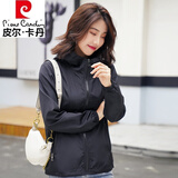 皮尔卡丹（pierre cardin）品牌春秋季2025年新品薄外套女纯色连帽小风衣可LOGO宽松夹克上衣 黑色(有里子) XL(体重120-135斤)