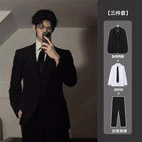 安初夏黑色休闲西服套装男士春秋季英伦风一套雅痞帅男装外套高级感西装 西服+白衬衫+西裤+领带 XL