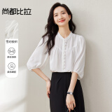 尚都比拉夏季洋气随性文艺气质通勤灯笼袖雪纺衬衫纯色 白色 L 