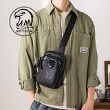 BOYCLN品牌 胸前包男 牛皮运动手机包 多功能真皮单肩包 随身斜挎小背包 黑色