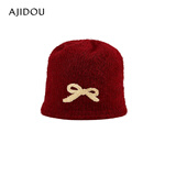 AJIDOU阿吉豆帽子商场同款女款新年红色蝴蝶结保暖秋冬针织毛线帽 红色 55cm-57cm