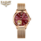 KASSAW 520情人节礼物 瑞士认证卡梭名表女士手表机械表女腕表红色防水 K990L时尚酒红钢带（鉴定证书）