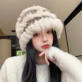 ALFB兔毛帽子女冬季新款加厚秋冬天保暖毛线针织帽渔夫毛绒醒狮帽 卡其色