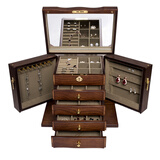 祥隆木珠宝首饰欧式带锁古风收纳盒精致中国风木质复古奢华饰品盒手饰盒 仿古色五层全锁光面- 军绿色内衬