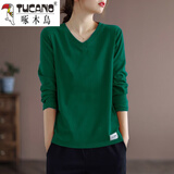 啄木鸟棉长袖t恤宽松妈吗装春秋季新款V领印花打底衫上衣女潮 深绿色【纯色款】 2XL 建议145-160斤