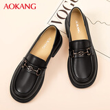 奥康女鞋2025春秋新款学院风真皮英伦小皮鞋浅口单鞋休闲厚底乐福鞋女 黑色 37 比运动鞋小一码拍