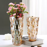 foojo轻奢加厚玻璃花瓶插花器假花桌面客厅摆件菱镜花瓶琥珀色高24cm