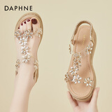 DAPHNE达芙妮凉鞋女夏季新款套脚英伦风时尚沙滩鞋设计感花朵百搭女鞋子 金色 37