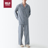 无印良品（MUJI）男式 无侧缝双层纱织 睡衣 家居服 FBA11C2S 藏青色格纹 L-XL 